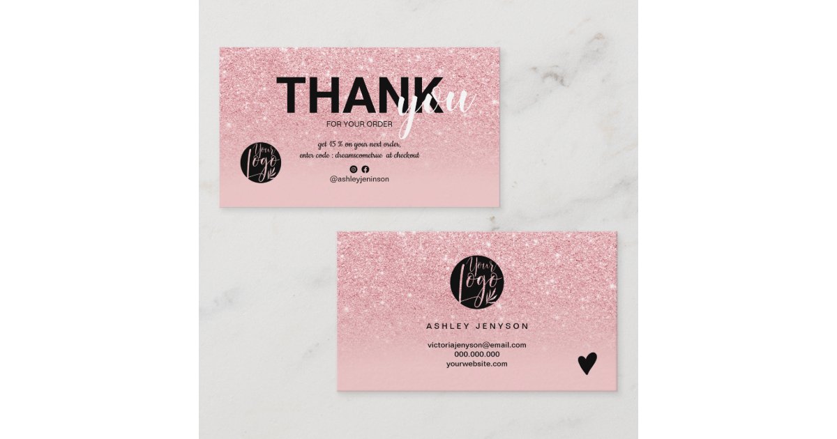 Chic pink glitter ombre cool logo order thank you business card | Zazzle