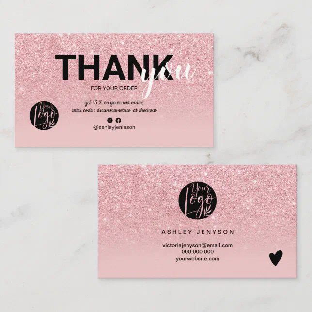 Chic pink glitter ombre cool logo order thank you business card | Zazzle