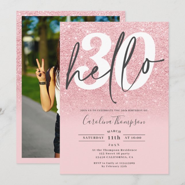 Chic pink glitter ombre gradient  photo hello 30 invitation (Front/Back)
