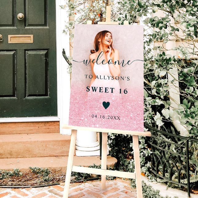 Chic pink glitter ombre photo Sweet 16 welcome Foam Board (Creator Uploaded)