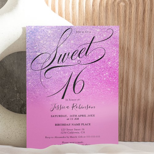 Chic pink glitter ombre script purple Sweet 16 Invitation