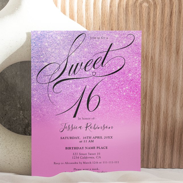 Chic pink glitter ombre script purple Sweet 16 Invitation (Creator Uploaded)
