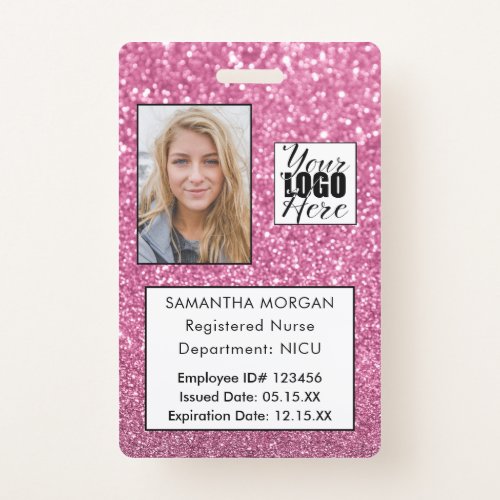 Chic Pink Glitter Photo Logo Employee ID Badge