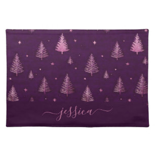 Chic pink glitter purple christmas trees name cloth placemat