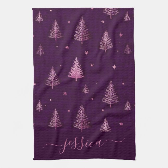 Chic pink glitter purple christmas trees name kitchen towel (Vertical)