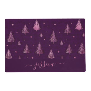 Chic pink glitter purple christmas trees name placemat