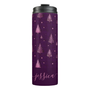 Chic pink glitter purple christmas trees name thermal tumbler