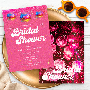 Chic Pink Glitter Retro Disco Ball Bridal Shower Invitation