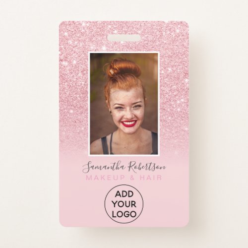 Chic pink glitter sparkle logo employee photo pass badge