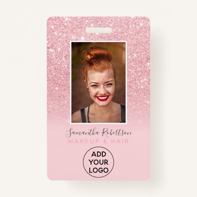Chic pink glitter sparkle logo employee photo pass badge (Front)