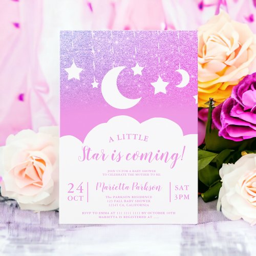 Chic pink glitter star moon cloud baby shower invitation