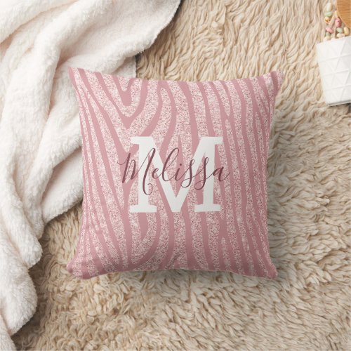 Chic Pink Glitter Zebra Girly Monogram Throw Pillow