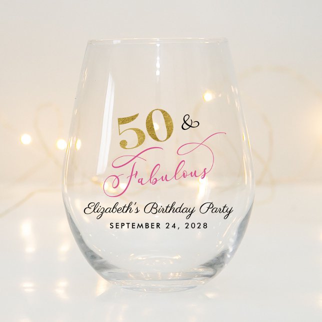 Chic Pink Gold 50th Birthday Party Favor Stemless Wine Glass (Creator Uploaded)