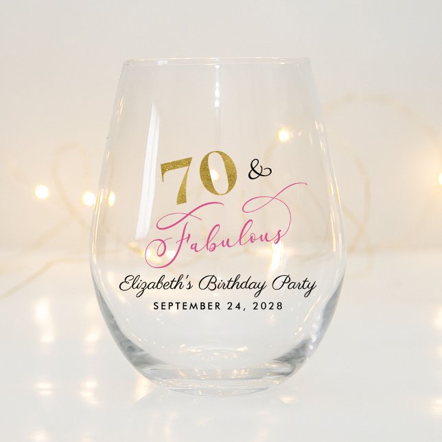 Chic Pink Gold 70th Birthday Party Favor Stemless Wine Glass (Creator Uploaded)
