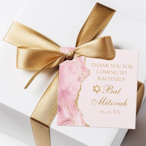 Chic Pink Gold Agate Bat Mitzvah Custom Party Favor Tags