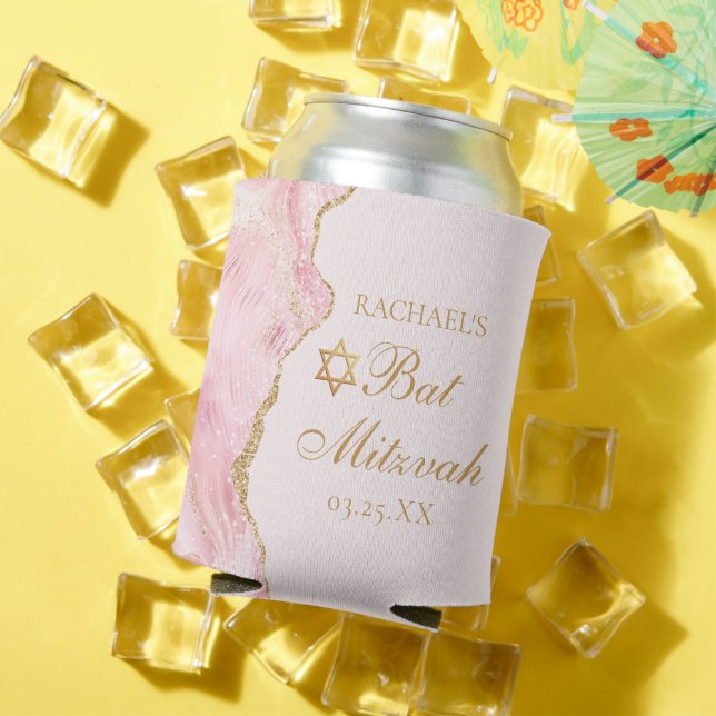 Chic Pink Gold Agate Bat Mitzvah Party Custom Can Cooler (In Situ Summer)