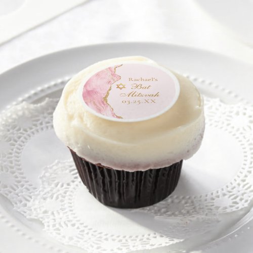 Chic Pink Gold Agate Bat Mitzvah Party Custom Edible Frosting Rounds