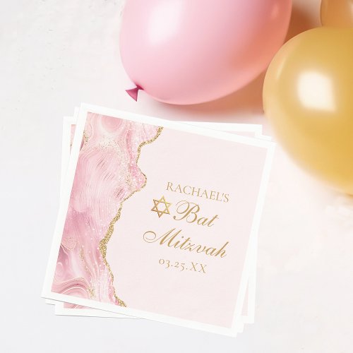 Chic Pink Gold Agate Bat Mitzvah Party Custom Napkins
