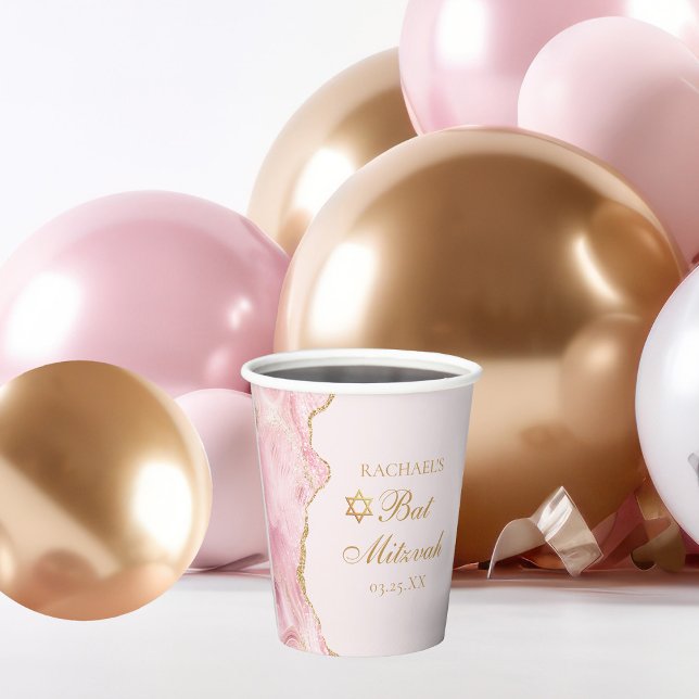 Chic Pink Gold Agate Bat Mitzvah Party Custom Paper Cups (Creator Uploaded)