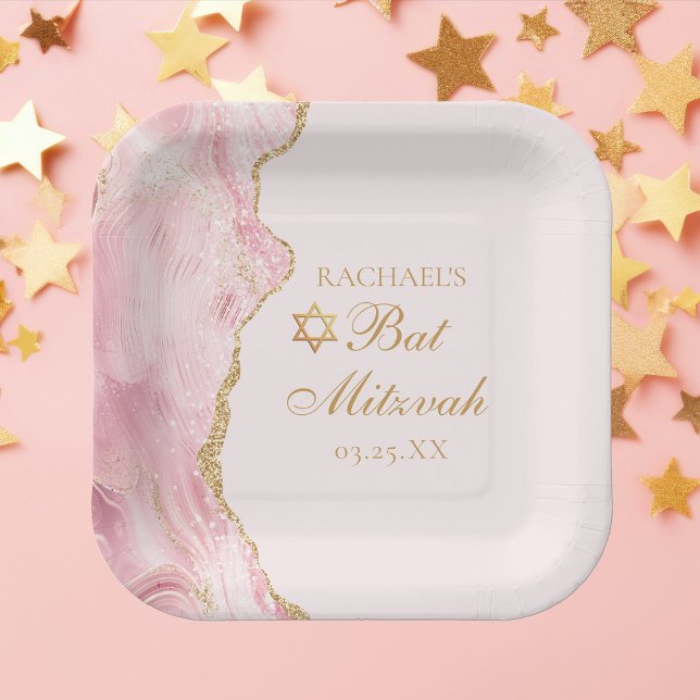Chic Pink Gold Agate Bat Mitzvah Party Custom Paper Plates (Creator Uploaded)