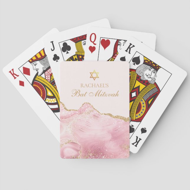 Chic Pink Gold Agate Bat Mitzvah Party Custom Poker Cards (Back)
