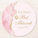 Chic Pink Gold Agate Bat Mitzvah Party Custom Round Paper Coaster<br><div class="desc">Chic pink and gold agate decorates the side of this beautiful,  girly Bat Mitzvah party coaster. Your daughter's name is written in beautiful formal script under the Star of David. Perfect feminine decor for a chic,  stylish Jewish family celebrating a girl being called to the Torah.</div>