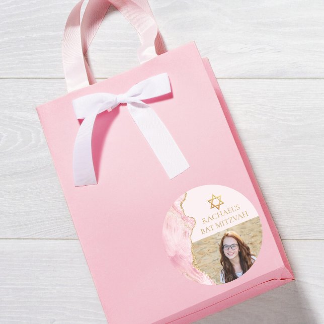 Chic Pink Gold Agate Bat Mitzvah Photo Party Classic Round Sticker (Creator Uploaded)