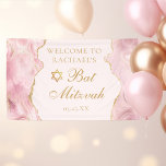 Chic Pink Gold Agate Custom Bat Mitzvah Party Banner<br><div class="desc">Chic pink and gold agate decorates the side of this elegant Bat Mitzvah party welcome banner. Your daughter's name is written in beautiful formal script under the Star of David. Perfect pretty signage for a modern Jewish family celebrating a girl being called to the Torah.</div>