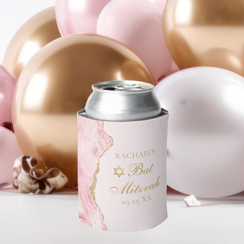 Chic Pink Gold Agate Custom Bat Mitzvah Party Can Cooler