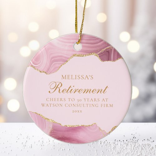 Chic Pink Gold Agate Custom Retirement Christmas Ceramic Ornament