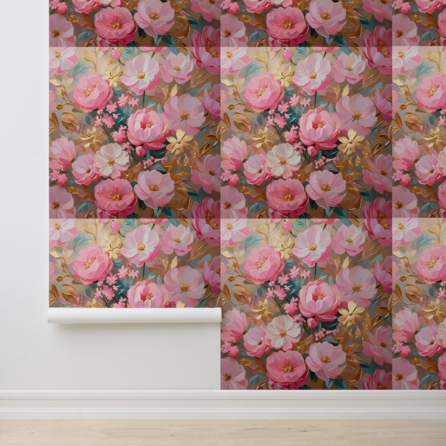 Chic Pink Gold Botanical Peel and Stick Wall Art Wallpaper (Application)