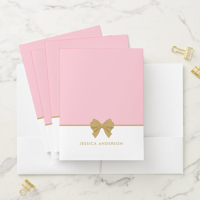 Chic Pink Gold Bow Personalized  Pocket Folder (In Situ)
