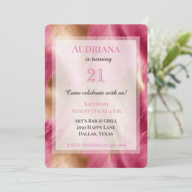 Chic Pink Gold Cowgirl Cowhide Birthday Invitation (Standing Front)