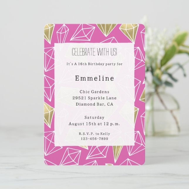 Chic Pink Gold Diamonds Birthday Invitation (Standing Front)