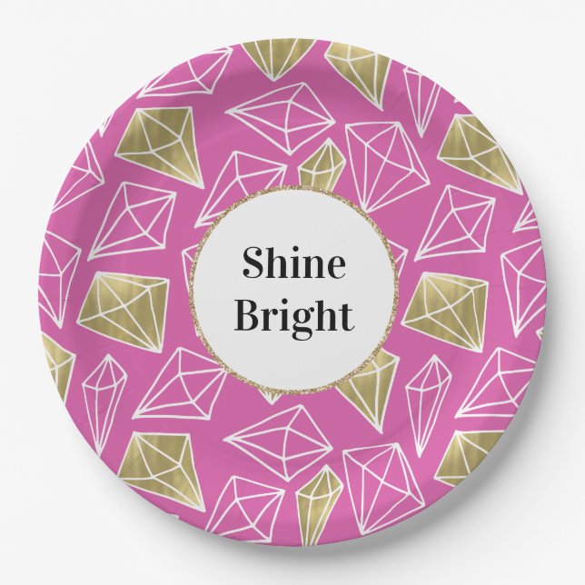 Chic Pink Gold Diamonds Glitter Birthday Paper Plates (Front)