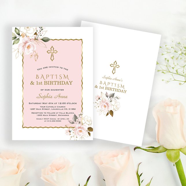 Chic Pink Gold Floral Girl 1st Birthday &  Baptism Invitation (pink floral baptism and 1st birthday invitation, elegant, trendy, modern baptism first birthday )