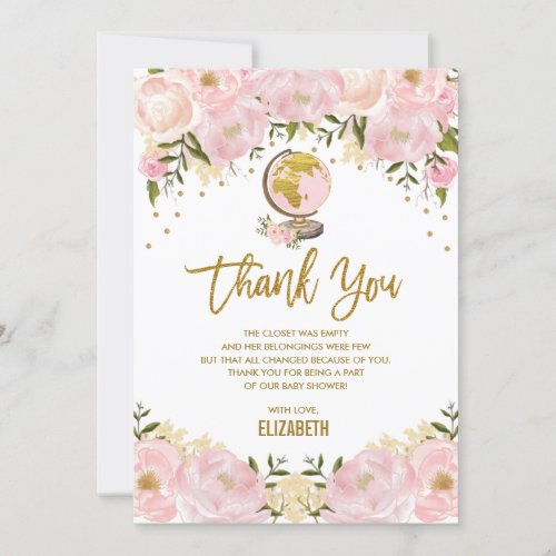 Chic Pink Gold Floral Travel Adventure Baby Shower Thank You Card