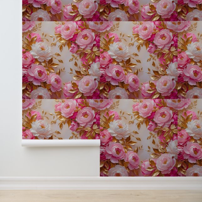 Chic Pink Gold Flower Removable Peel and Stick  Wallpaper (Application)