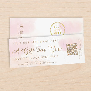 Chic Pink Gold Gift Voucher Ticket With QR Stub