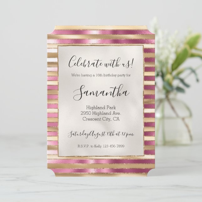 Chic Pink Gold Glam Stripes Invitation (Standing Front)