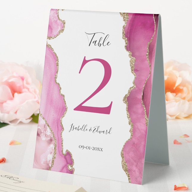 Chic Pink & Gold Glitter Agate Stone Wedding Guest Table Tent (Creator Uploaded)