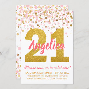 Chic Pink Gold Glitter Confetti Girl 21st Birthday Invitation