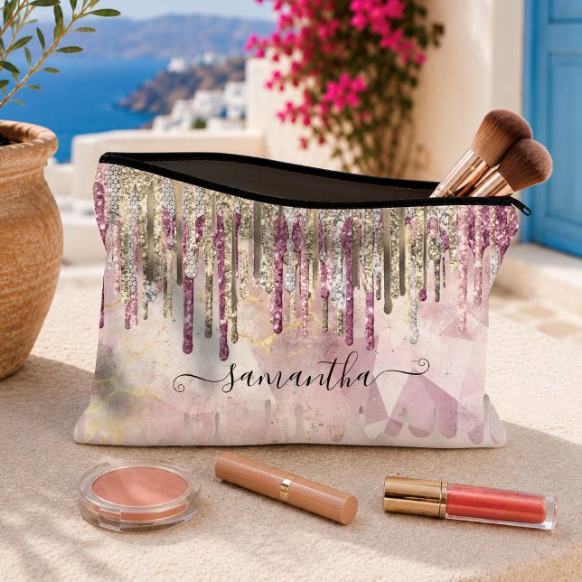 Chic pink gold glitter drips monogram accessory pouch (Creator Uploaded)