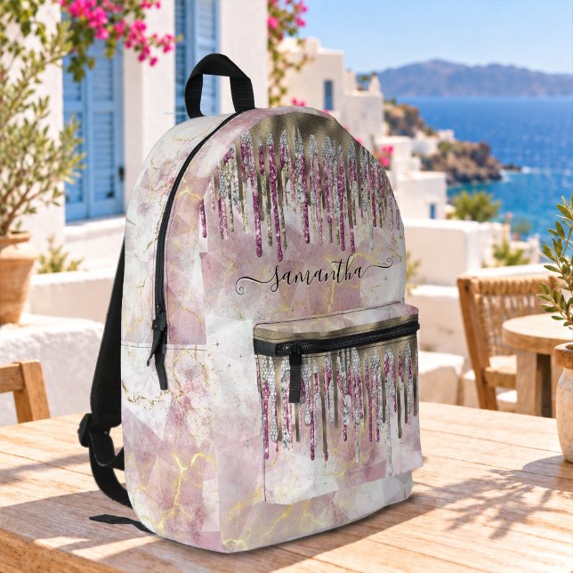 Chic pink gold glitter drips monogram accessory printed backpack (Creator Uploaded)