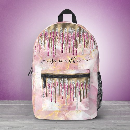 Chic pink gold glitter drips monogram accessory printed backpack