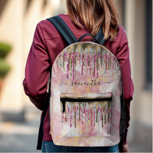 Chic pink gold glitter drips monogram accessory printed backpack