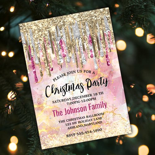 Chic pink gold glitter drips monogram Christmas  Invitation