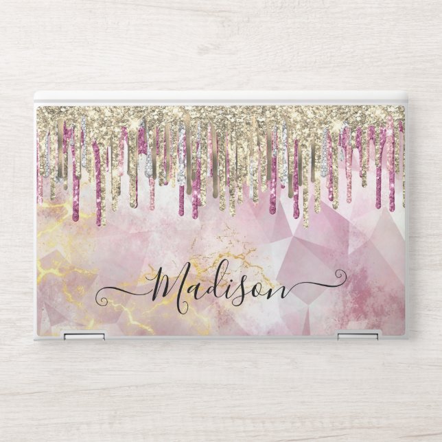 Chic pink gold glitter drips monogram HP laptop skin (Front)