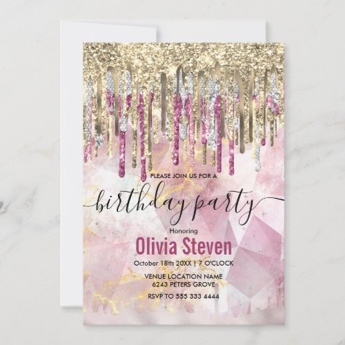 Chic pink gold glitter drips monogram invitation