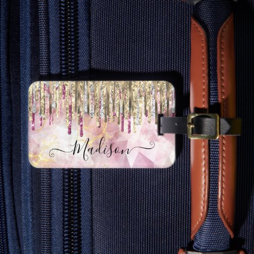 Chic pink gold glitter drips monogram luggage tag